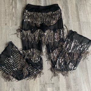 Sheer sequined ,fringed wide leg pants